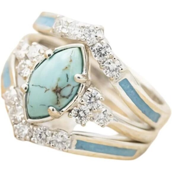 Marquise Turquoise & CZ Crystal Inlay Ring Set Stackable Bohemian Size 8 ONLY - Picture 3 of 7